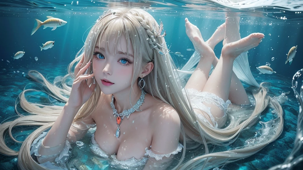 (Highest Quality Realistic Textured Skin),(terrible),(OK, round, Symmetrical eyes),Delicate facial features,(Burning bright cold eyes),(She has a mischievous smile),(Her face is kind and beautiful),Glass earrings in the ears,,(blonde),(Silvery white hair),(Chestnut Hair),(Swim at the bottom of the ocean),(Full body portrait:1.5),(Dramatic Photos:1.4),(Dramatic Pose),(Flashy photos)(look up),(Looking down),(Around her neck is a simple necklace made with exquisite craftsmanship.),Cluttered photos,(Hair flowing in water:1.5),(Underwater, Life at sea, 美しいCoral Reef, fish),(Background vortices and currents),(Dramatic Light),(Nice views),(美しいfishに囲まれて),遠くの背景にはCoral Reefに沈んだ寺院が見える,Coral Reef,Spectacular realism,Cinematic atmosphere,(High-density image review:1.5),(Soft colors:1.2),Very detailed,Dramatic Light,(Intricate details:1.1),Complex background,