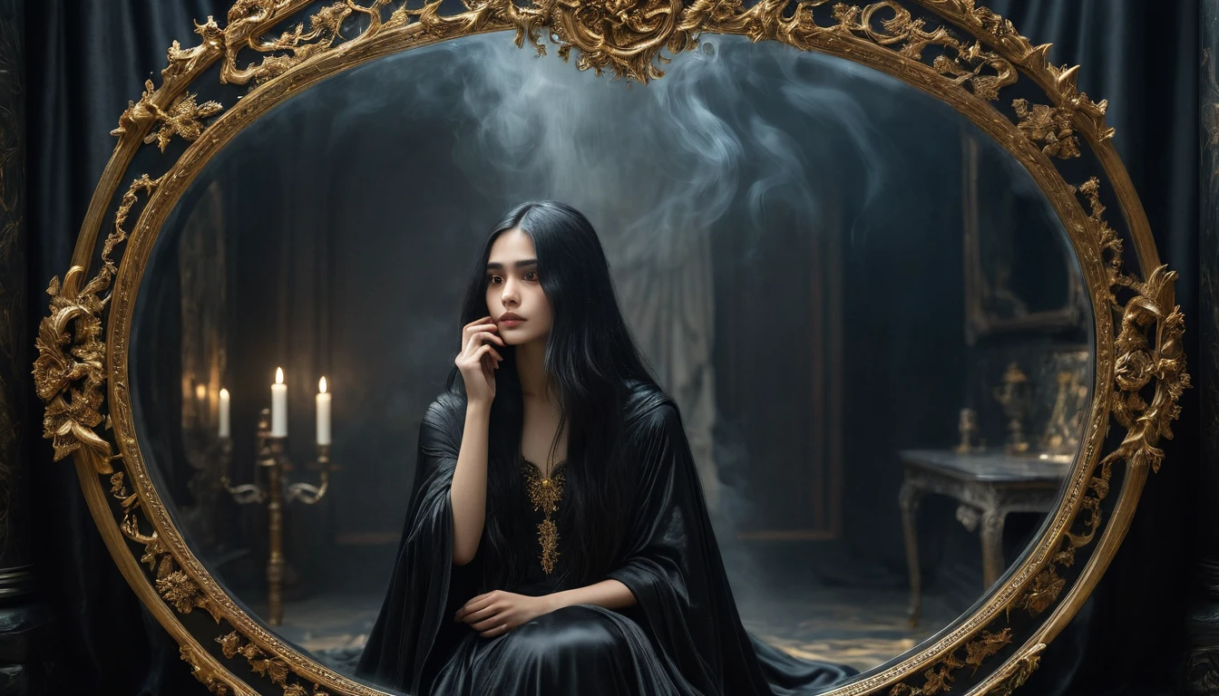 1girl, looking at the mirror, sitting, the death reflection (black cloak 1.5), golden circle frame floral carved mirror, a hand bone (accuracy 1.2)emerged from the mirror, long black hair, mystical elemental, ethereal, dark smoke surrounded, dramatic light, creepy scene, crisp, terrifying, dimmed light, super detailed, UHD, 8k, epic realism, fantasy art, photo art.