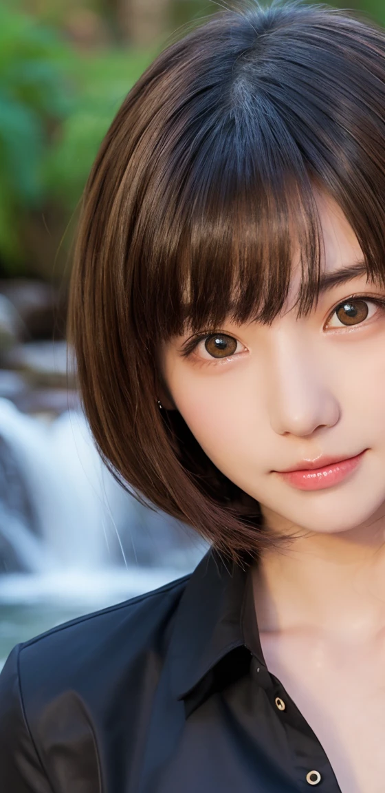 One Girl, (beautiful girl, Delicate girl:1.3), (16 years old:1.3),
break, (Plain T-shirt:1.2),
break, (Small waterfall background:1.2),
break, smile, Very beautiful eyes, (Symmetrical eyes:1.3),
break, (Big Breasts:1.3), Brown eyes, Parted bangs, Brown bob cut hair, Round face, cute,
break, (Eye and facial details:1.0),
break, (masterpiece, Highest quality, Very detailed, Detailed face, 8K)