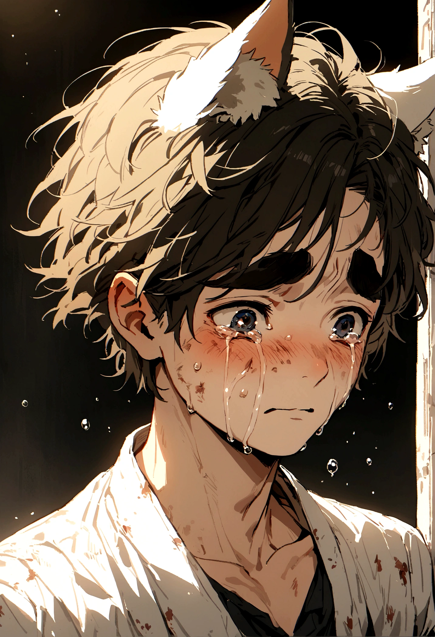 Resolution full, boy, very accurate, best quality, masterpiece, from front boy, cinematic lighting, full HD, very sharpener, mouth only, best art, very accurate, mouth only, smile, close mouth, white theme, dirty face
