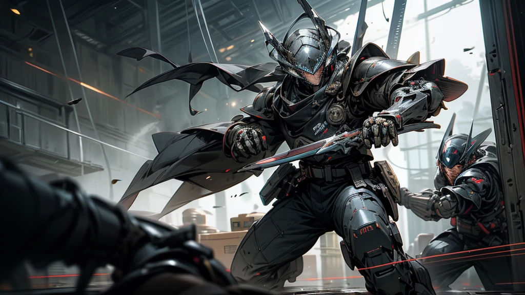 (full armor), ((full face armor)), (holding weapon), cyber armor, (cyber suit), SF-Gun, military base, intense combat , (Intense gunfight), (Dynamic action:1), (moving:1.5),((best quality)), (ultra-detailed),(an extremely delicate and beautiful), (character focus), (universe), (Space), (Destroyed Combat Armor!), cyberpunk, sci-fi, Combat gauntlets, Combat footwear, Combat belt, Beam sword, Laser gun, fighting