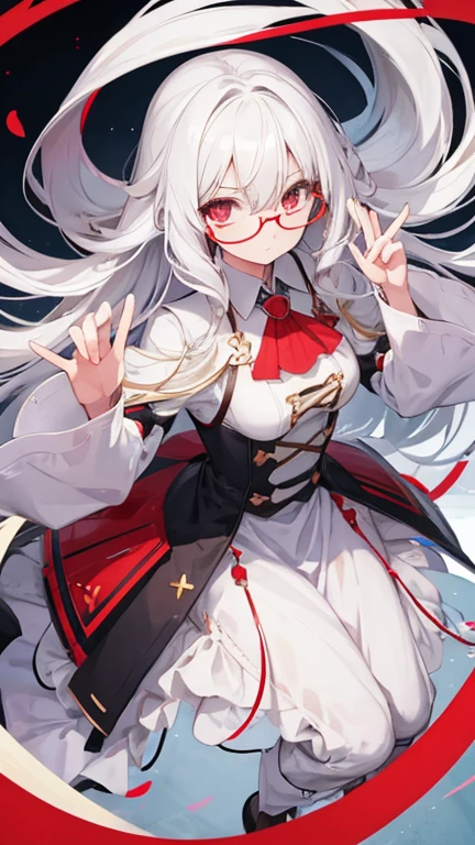 Super delicate white-haired cute girl 1 girl, Small Breasts, Long hair, curls, Red Eye, Wearing glasses , Researcher , Looking at the audience