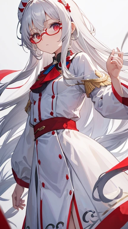 Super delicate white-haired cute girl 1 girl, Small Breasts, Long hair, curls, Red Eye, Wearing glasses , Researcher , Looking at the audience