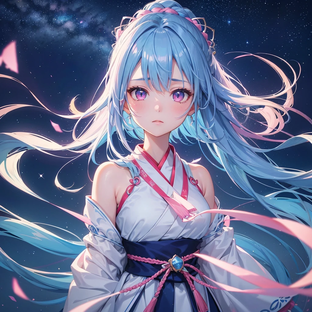 Sky blue hair, Braided Ponytail,(Pink Eyes),Fair skin ,(whole body),(One girl),Hanfu,Tanabata,(The beautiful, sparkling Milky Way in the night sky),Lonely Eyes,Straight bangs,(masterpiece, Highest quality, Very detailed, Best Shadow), (Detailed Background), (Beautifully detailed face), High Contrast, (Best lighting, Very delicate and beautiful), ((Cinematic Light)), colorful, Hyper Detail, Dramatic Light, Intricate details,