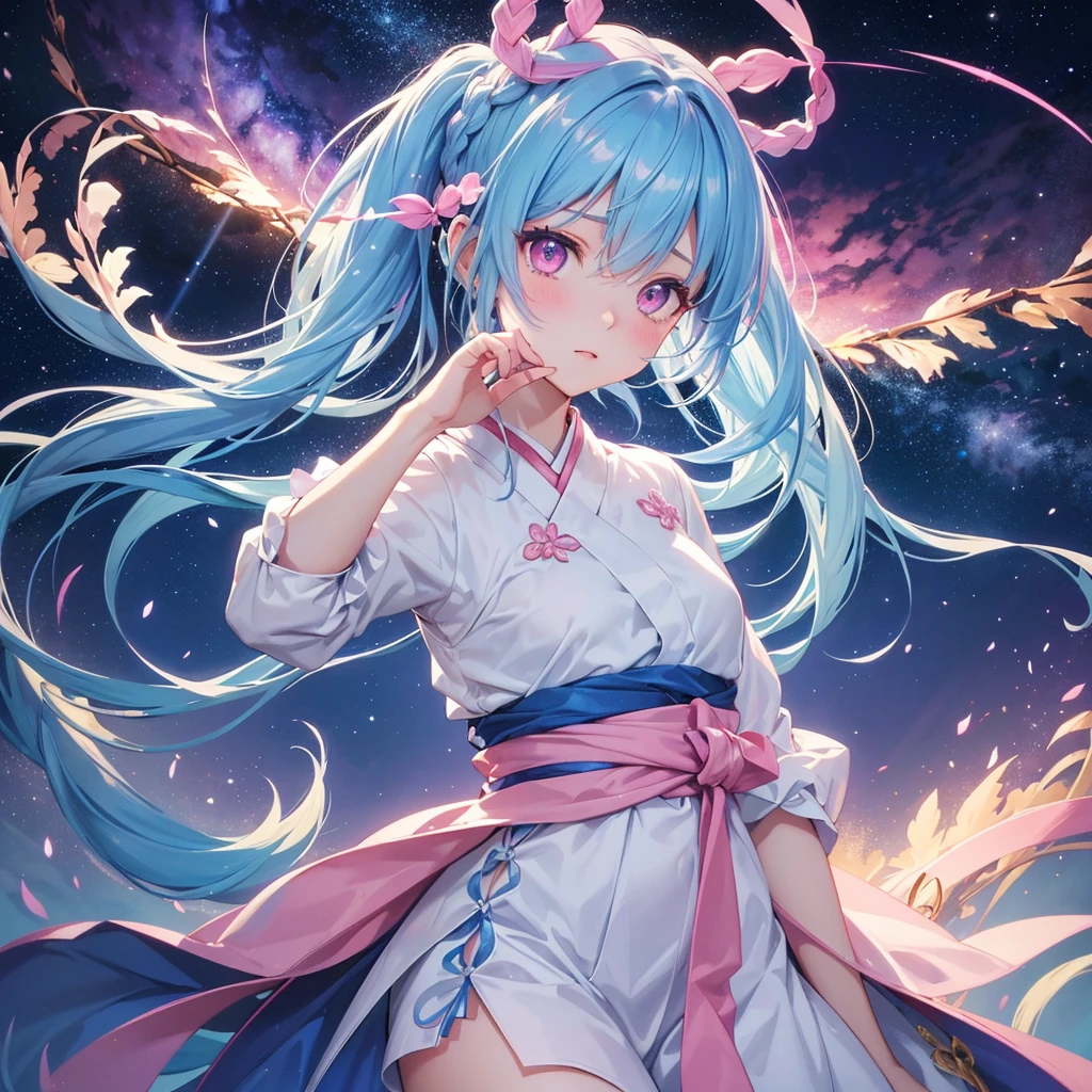 Sky blue hair, Braided Ponytail,(Pink Eyes),Fair skin ,(whole body),(One girl),Hanfu,Tanabata,(The beautiful, sparkling Milky Way in the night sky),Lonely Eyes,Straight bangs,(masterpiece, Highest quality, Very detailed, Best Shadow), (Detailed Background), (Beautifully detailed face), High Contrast, (Best lighting, Very delicate and beautiful), ((Cinematic Light)), colorful, Hyper Detail, Dramatic Light, Intricate details,