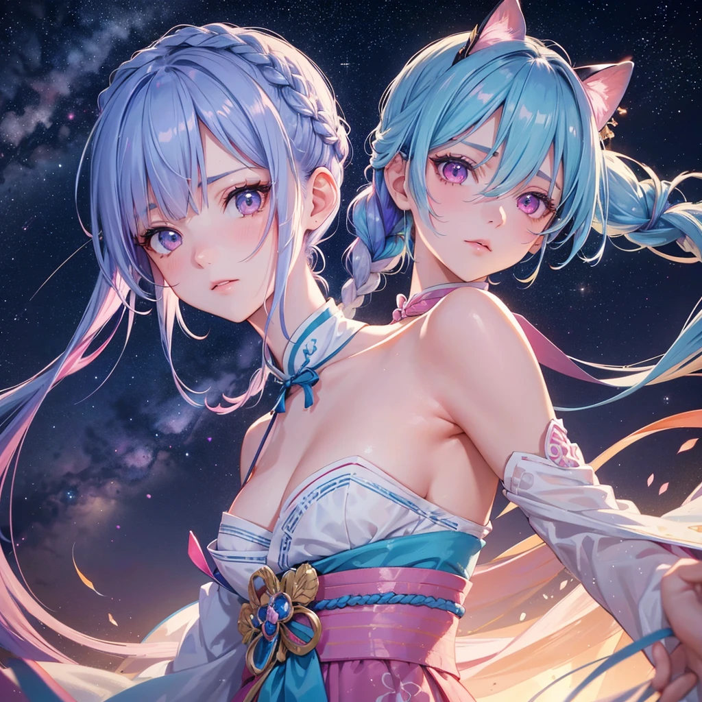Sky blue hair, Braided Ponytail,(Pink Eyes),Fair skin ,(whole body),(One girl),Hanfu,Tanabata,(The beautiful, sparkling Milky Way in the night sky),Lonely Eyes,Straight bangs,(masterpiece, Highest quality, Very detailed, Best Shadow), (Detailed Background), (Beautifully detailed face), High Contrast, (Best lighting, Very delicate and beautiful), ((Cinematic Light)), colorful, Hyper Detail, Dramatic Light, Intricate details,