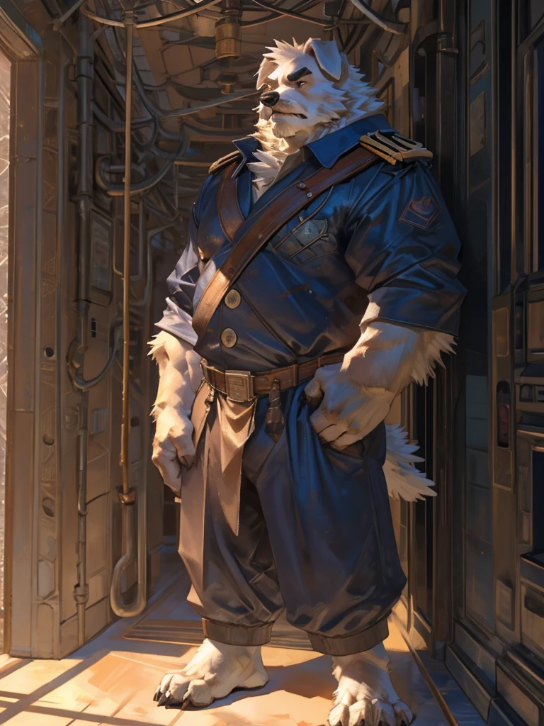 By Taran Fiddler, one man, anthro canine (maltese), adult male, bushy eyebrows, stern facial expression, grumpy, bushy mustache, slightly short stature, dilf, hands on his hips. standing in a hallway, wearing ship uniform, leaning against wall, oil rig, inside
