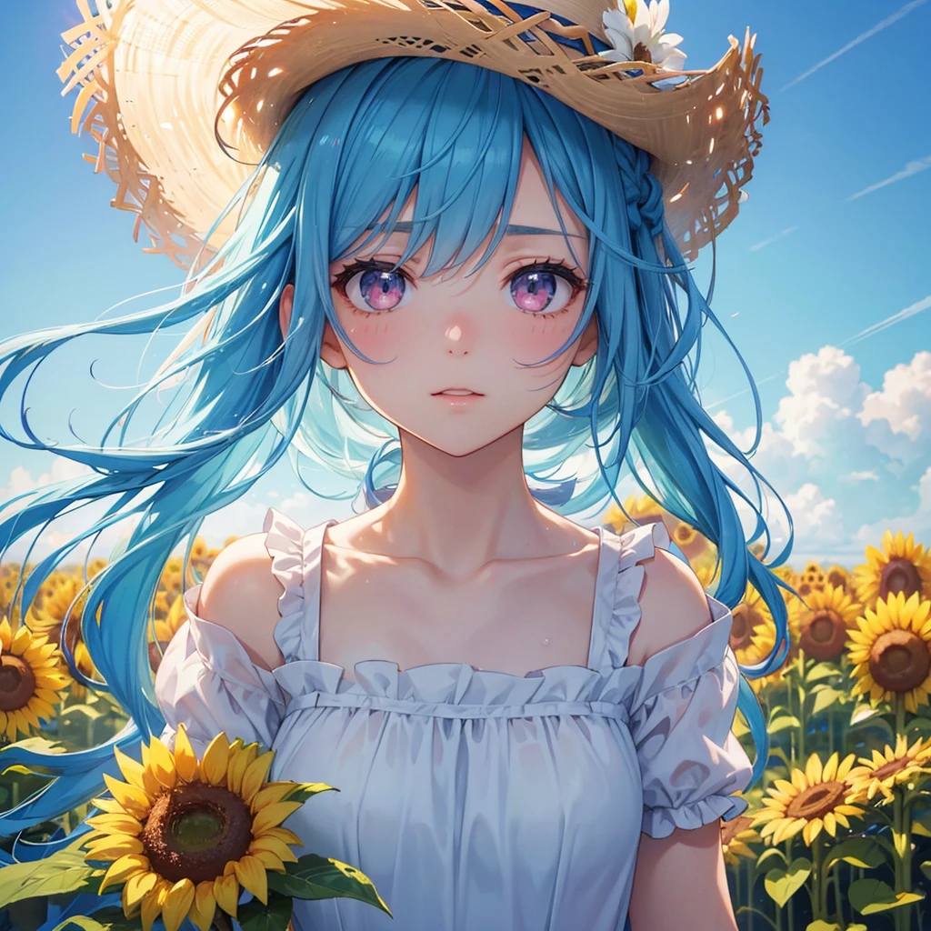 Sky blue hair, One braided ponytail,(Pink Eyes),Fair skin ,(whole body),(One girl),summer,Sunflower field,White dress,Straight bangs,Wiping away sweat,Wink,Straw hat,(masterpiece, Highest quality, Very detailed, Best Shadow), (Detailed Background), (Beautifully detailed face), High Contrast, (Best lighting, Very delicate and beautiful), ((Cinematic Light)), colorful, Hyper Detail, Dramatic Light, Intricate details,summerの暑い日差し,