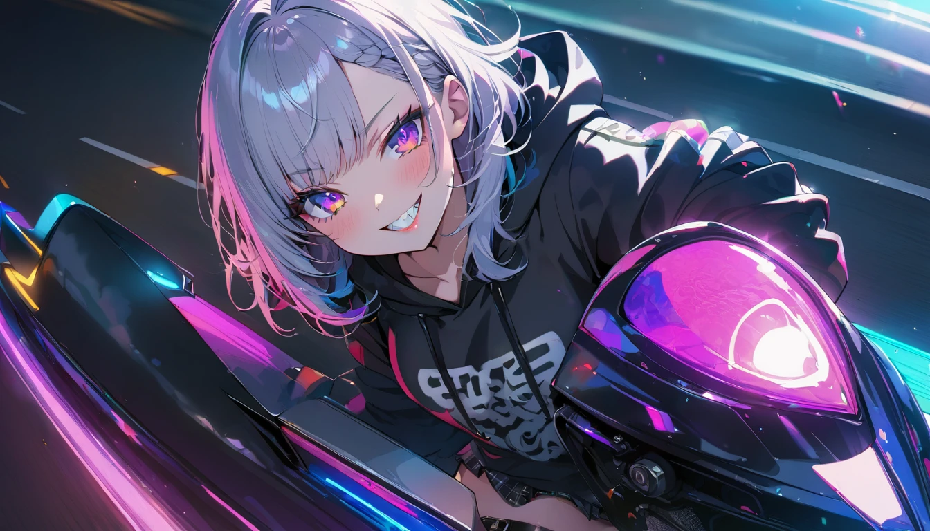 ((Masterpiece)), ((best quality)), (Anime:1.3), (super detail:1.2), (High Definition:1.3), (Professional Photography:1.3), cute young Girl, Glossy unruly hair, (loose swept bangs), (silver ash hair), medium hair, big eyes, (Eye bags:1.3), (Long eyelashes), colorful eyes, (evil smile and blush), Glossy lips, (jagged teeth), farewell, ((black hoodie with oversized)), mini skirt, barearms, cute, (colorful:1.3), gothic makeup, (wearing headphone), (driving a futuristic motorcycle on the highway:1.3), (neon-lit:0.7), pretty, Celtic, maniac, (dutch angle:1.3), (from above),
