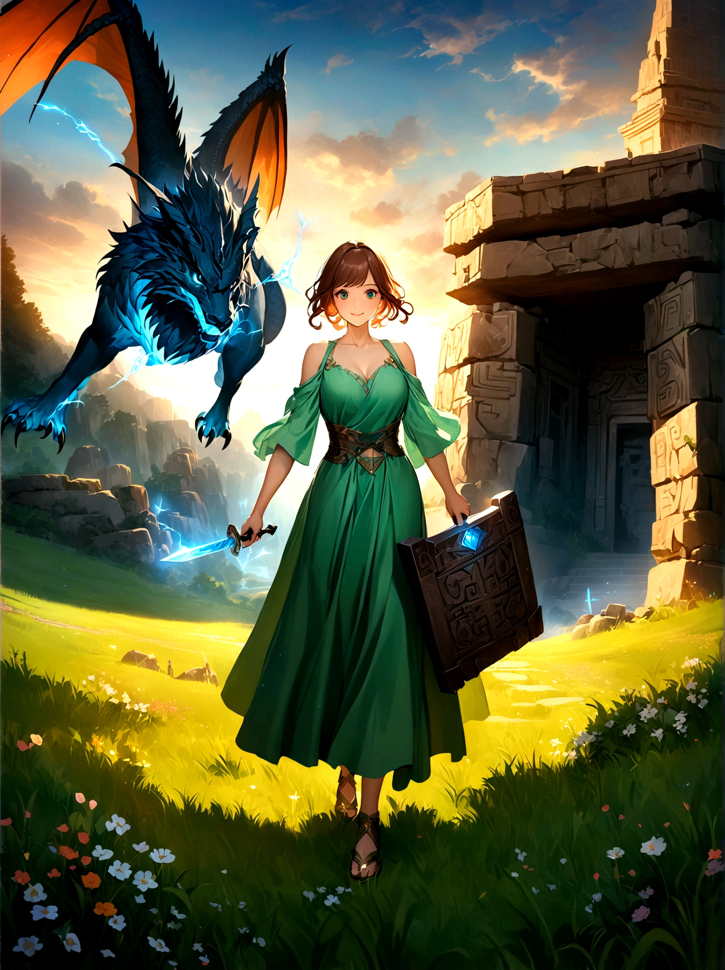 Adventurer princess, (green dress:1.2), short brown hair, big eyes, smiling, holding sword and shield, ancient temple, mysterious maze, mysterious runes, old stone tablet, green grass, (flowers:1.1), magical elements, flying dragon, mysterious creatures, charming scenery, dynamic battle, dreamy atmosphere, outdoor, rich colors, epic scene, fine and delicate light and shadow, evening, sunny, full body, from above, nice hands, perfect hands, 8k, Best quality, photorealistic