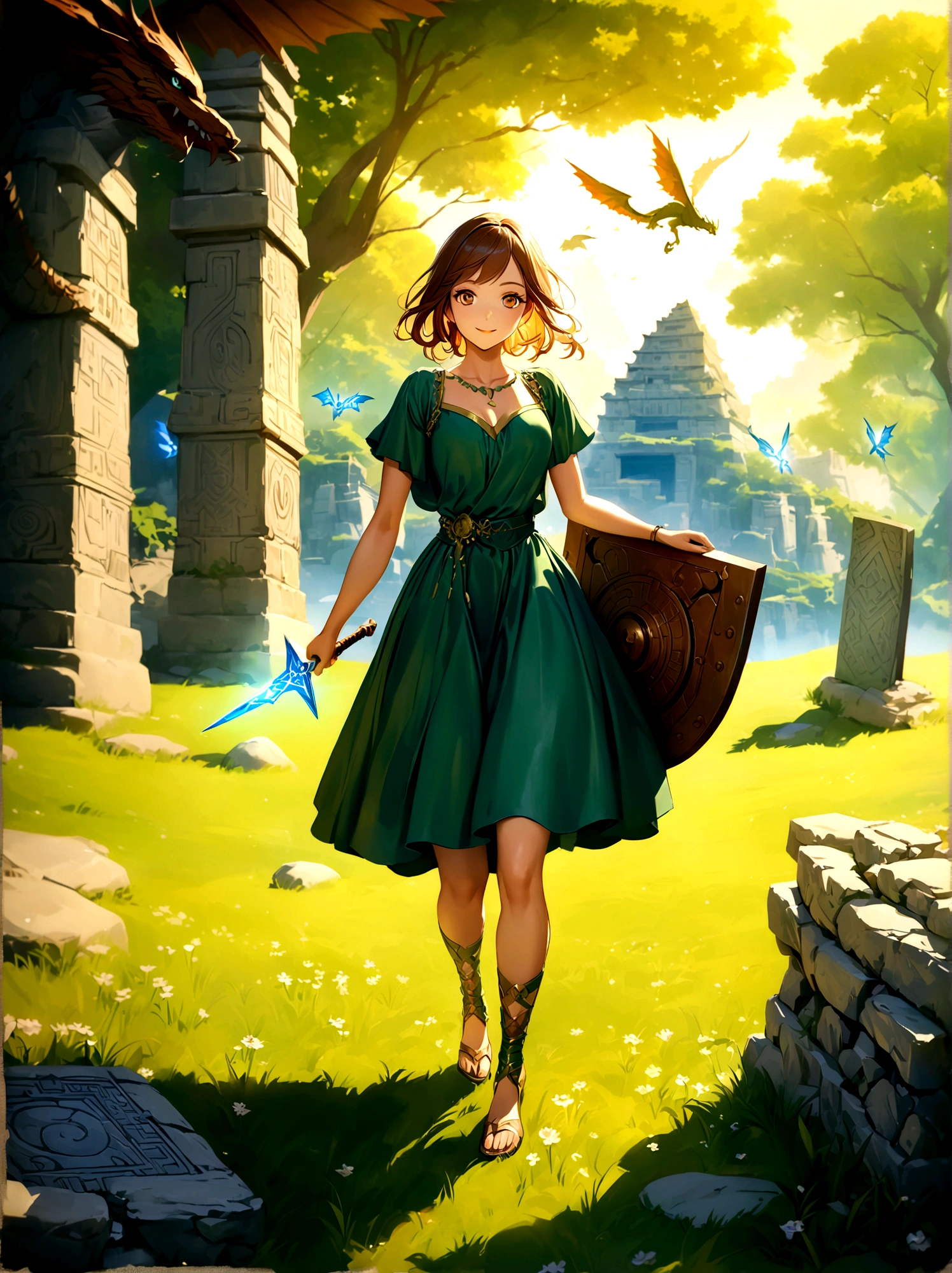 Adventurer princess, (green dress:1.2), short brown hair, big eyes, smiling, holding sword and shield, ancient temple, mysterious maze, mysterious runes, old stone tablet, green grass, (flowers:1.1), magical elements, flying dragon, mysterious creatures, charming scenery, dynamic battle, dreamy atmosphere, outdoor, rich colors, epic scene, fine and delicate light and shadow, evening, sunny, full body, from above, nice hands, perfect hands, 8k, Best quality, photorealistic