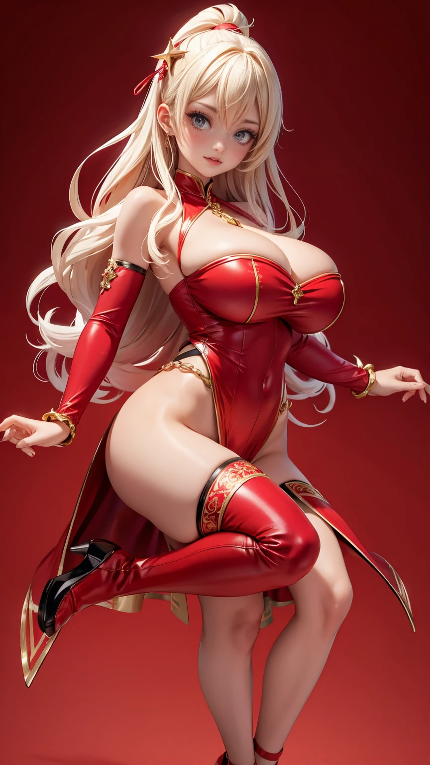 (full_body)、Woman、red_background、(big_breasts:1.5)、Detailed、POP、vivid、pose:1.2、Open chest、idol