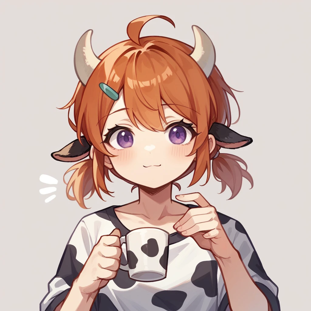 "cute, cute,1 Girl, Short Twin Tails, Redhead, Purple eyes,  Cow motif、Her outfit is fluffy and soft., Comes with hair clips and other accessories. Cow print clothing、J Cup、Cow horns grow、Solid color background