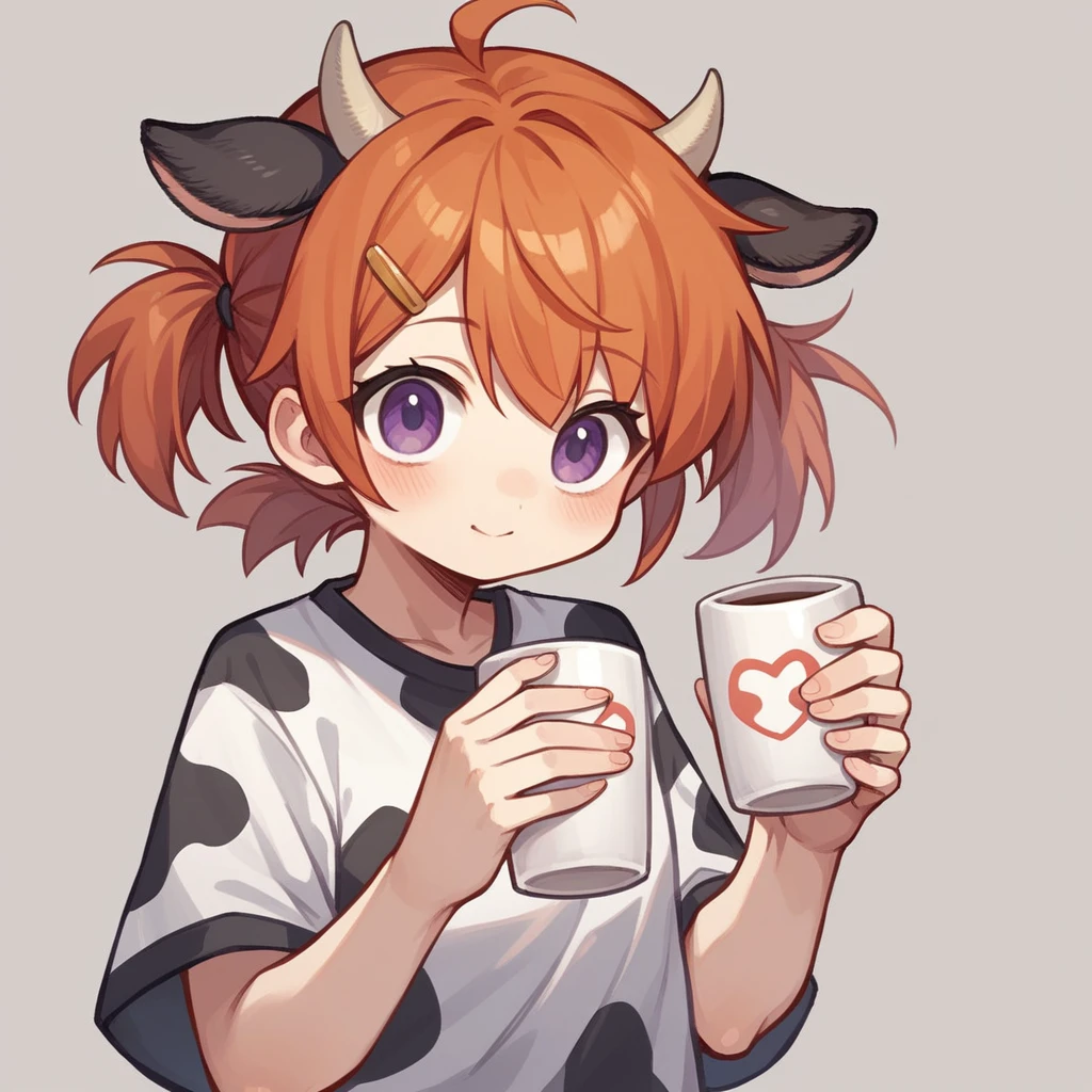 "cute, cute,1 Girl, Short Twin Tails, Redhead, Purple eyes,  Cow motif、Her outfit is fluffy and soft., Comes with hair clips and other accessories. Cow print clothing、J Cup、Cow horns grow、Solid color background