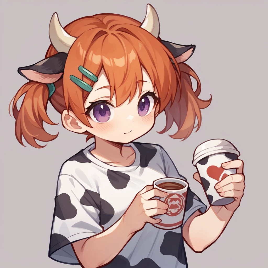 "cute, cute,1 Girl, Short Twin Tails, Redhead, Purple eyes,  Cow motif、Her outfit is fluffy and soft., Comes with hair clips and other accessories. Cow print clothing、J Cup、Cow horns grow、Solid color background