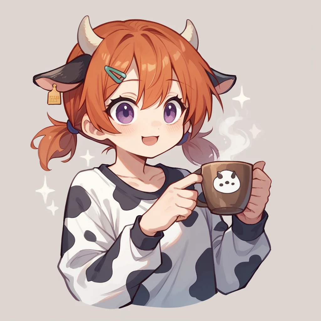 "cute, cute,1 Girl, Short Twin Tails, Redhead, Purple eyes,  Cow motif、Her outfit is fluffy and soft., Comes with hair clips and other accessories. Cow print clothing、J Cup、Cow horns grow、Solid color background