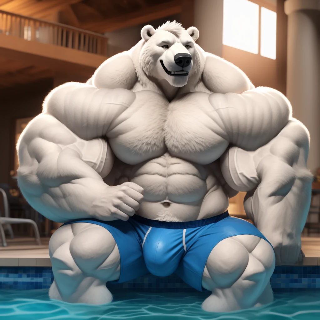 solo, 1boy, perfect anatomy, (furry white bears, polar bear) perfect proportion, snow, grin, big eyes, wide chest, bulky, bulk, bulge, happy. Huge Muscular Old man with short hair sitting in swimming pool ,(white shorts), view from side, pectoral, thick arms, huge pectoral, wide pectoral, white hair, white beards, simple background, masterpiece, semirealistic:1.2, high detailed, 8k, high resolution, perfect center, full view. ((really big muscle, massive muscular, sixpack, thick arms, wide pectoral, super huge muscle, hyper muscular, over sized muscle, huge arms, big arms, huge pectoral))