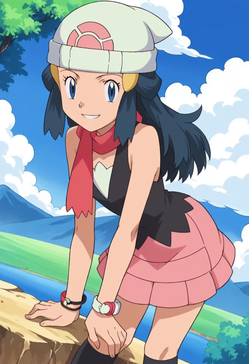 score_9, score_8_up, score_7_up, source_anime, pokemondawn, pokemon dawn, black hair, blue eyes, sidelocks, long hair,, bare shoulders, beanie, black shirt, black socks, bracelet, hat, jewelry, kneehighs, miniskirt, pink skirt, red scarf, scarf, shirt, skirt, sleeveless, sleeveless shirt, white headwear,, landscape, bent over, smile, looking at viewer, solo, cowboy shot, dutch angle