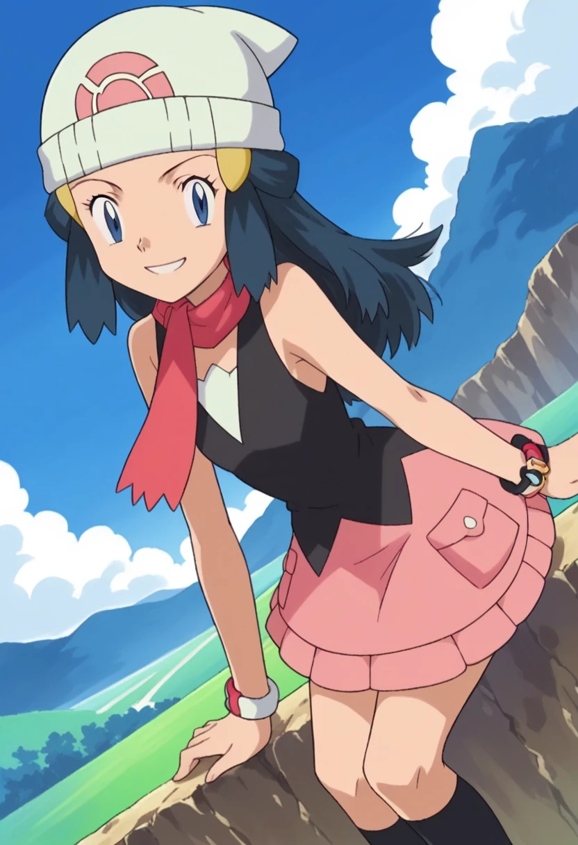 score_9, score_8_up, score_7_up, source_anime, pokemondawn, pokemon dawn, black hair, blue eyes, sidelocks, long hair,, bare shoulders, beanie, black shirt, black socks, bracelet, hat, jewelry, kneehighs, miniskirt, pink skirt, red scarf, scarf, shirt, skirt, sleeveless, sleeveless shirt, white headwear,, landscape, bent over, smile, looking at viewer, solo, cowboy shot, dutch angle