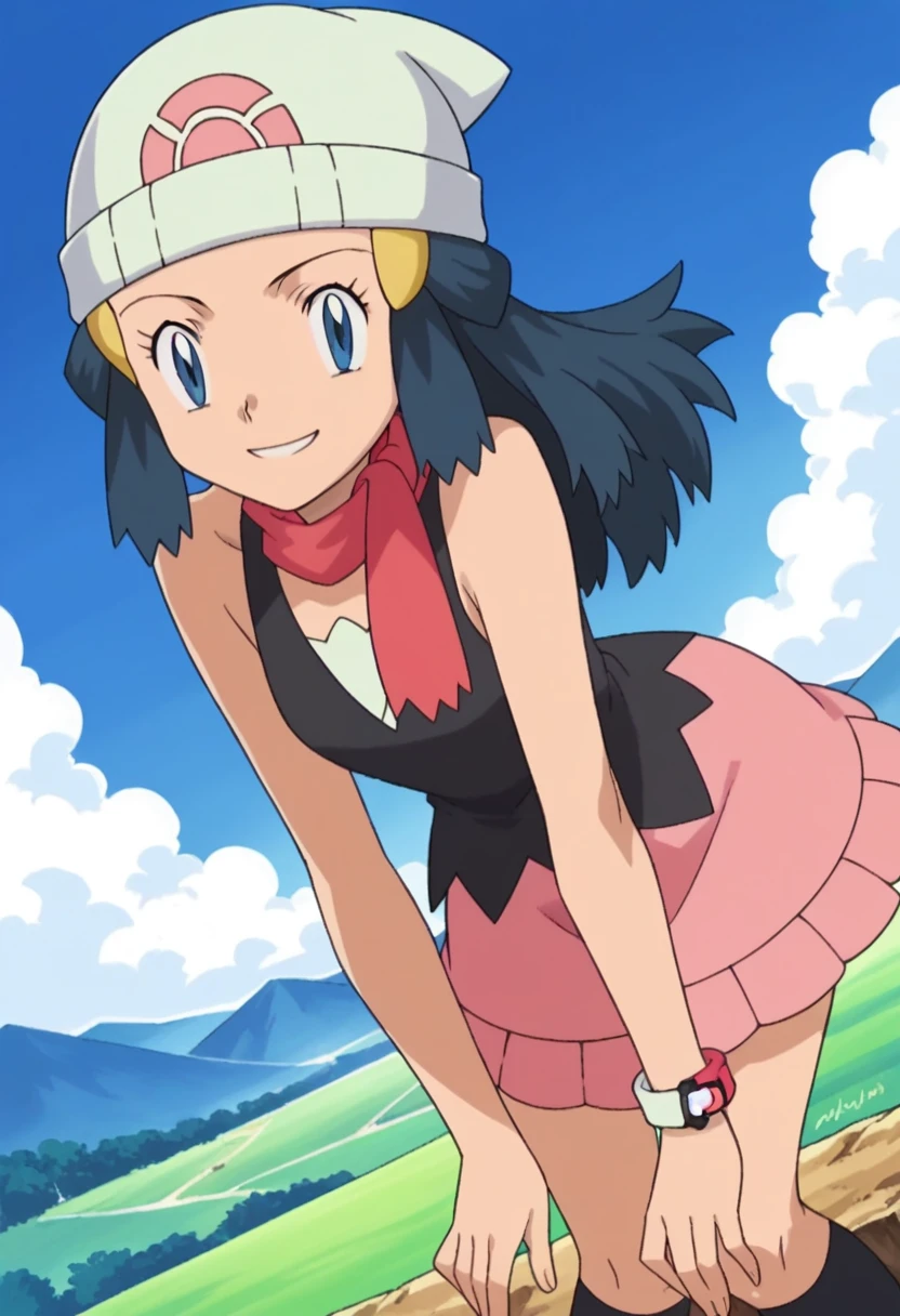 score_9, score_8_up, score_7_up, source_anime, pokemondawn, pokemon dawn, black hair, blue eyes, sidelocks, long hair,, bare shoulders, beanie, black shirt, black socks, bracelet, hat, jewelry, kneehighs, miniskirt, pink skirt, red scarf, scarf, shirt, skirt, sleeveless, sleeveless shirt, white headwear,, landscape, bent over, smile, looking at viewer, solo, cowboy shot, dutch angle