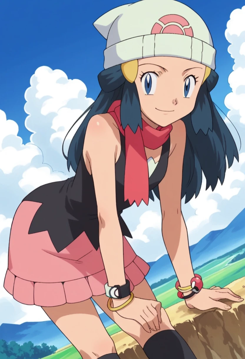 score_9, score_8_up, score_7_up, source_anime, pokemondawn, pokemon dawn, black hair, blue eyes, sidelocks, long hair,, bare shoulders, beanie, black shirt, black socks, bracelet, hat, jewelry, kneehighs, miniskirt, pink skirt, red scarf, scarf, shirt, skirt, sleeveless, sleeveless shirt, white headwear,, landscape, bent over, smile, looking at viewer, solo, cowboy shot, dutch angle