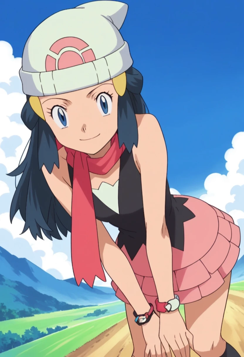 score_9, score_8_up, score_7_up, source_anime, pokemondawn, pokemon dawn, black hair, blue eyes, sidelocks, long hair,, bare shoulders, beanie, black shirt, black socks, bracelet, hat, jewelry, kneehighs, miniskirt, pink skirt, red scarf, scarf, shirt, skirt, sleeveless, sleeveless shirt, white headwear,, landscape, bent over, smile, looking at viewer, solo, cowboy shot, dutch angle