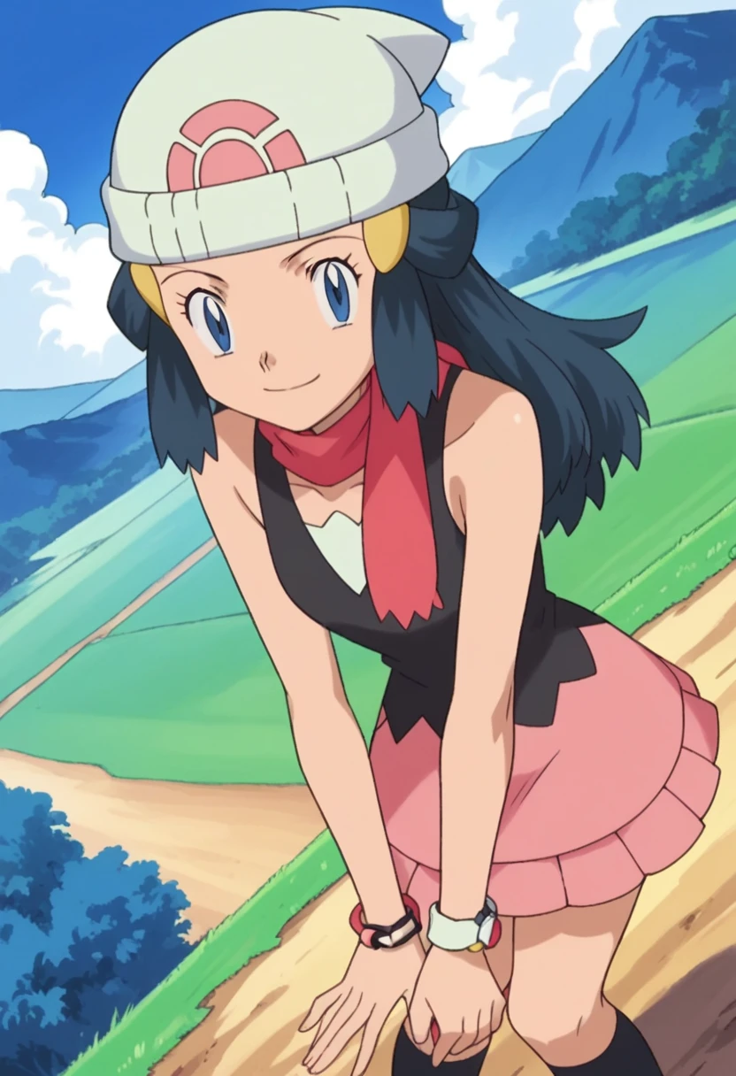 score_9, score_8_up, score_7_up, source_anime, pokemondawn, pokemon dawn, black hair, blue eyes, sidelocks, long hair,, bare shoulders, beanie, black shirt, black socks, bracelet, hat, jewelry, kneehighs, miniskirt, pink skirt, red scarf, scarf, shirt, skirt, sleeveless, sleeveless shirt, white headwear,, landscape, bent over, smile, looking at viewer, solo, cowboy shot, dutch angle