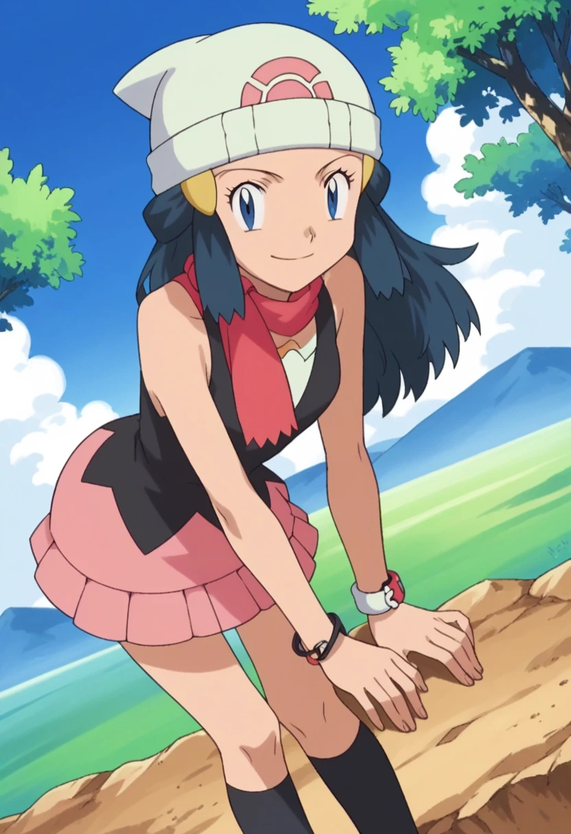 score_9, score_8_up, score_7_up, source_anime, pokemondawn, pokemon dawn, black hair, blue eyes, sidelocks, long hair,, bare shoulders, beanie, black shirt, black socks, bracelet, hat, jewelry, kneehighs, miniskirt, pink skirt, red scarf, scarf, shirt, skirt, sleeveless, sleeveless shirt, white headwear,, landscape, bent over, smile, looking at viewer, solo, cowboy shot, dutch angle