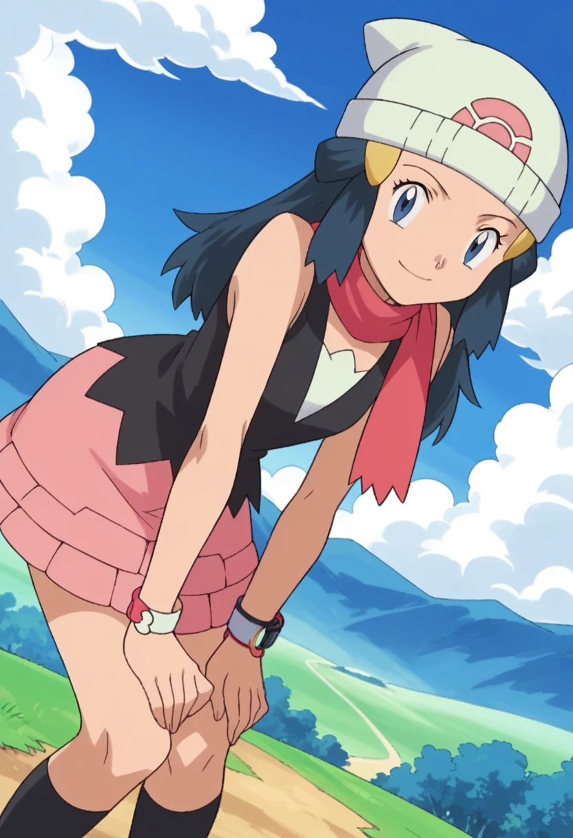 score_9, score_8_up, score_7_up, source_anime, pokemondawn, pokemon dawn, black hair, blue eyes, sidelocks, long hair,, bare shoulders, beanie, black shirt, black socks, bracelet, hat, jewelry, kneehighs, miniskirt, pink skirt, red scarf, scarf, shirt, skirt, sleeveless, sleeveless shirt, white headwear,, landscape, bent over, smile, looking at viewer, solo, cowboy shot, dutch angle