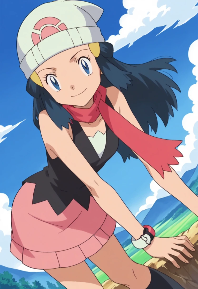 score_9, score_8_up, score_7_up, source_anime, pokemondawn, pokemon dawn, black hair, blue eyes, sidelocks, long hair,, bare shoulders, beanie, black shirt, black socks, bracelet, hat, jewelry, kneehighs, miniskirt, pink skirt, red scarf, scarf, shirt, skirt, sleeveless, sleeveless shirt, white headwear,, landscape, bent over, smile, looking at viewer, solo, cowboy shot, dutch angle