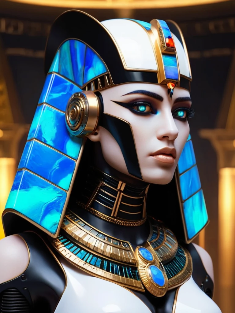ral-opal, meahophontron, whole body, Woman robot face, futuristic cyberpunk, bust, cleopatra of egypt theme, Egypt background, demonic environment, black clothes, pose frontal