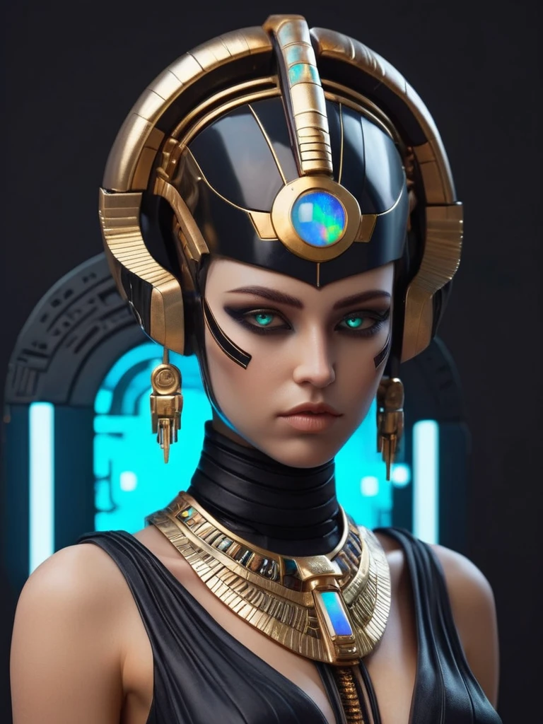 ral-opal, meahophontron, whole body, Woman robot face, futuristic cyberpunk, bust, cleopatra of egypt theme, Egypt background, demonic environment, black clothes, pose frontal