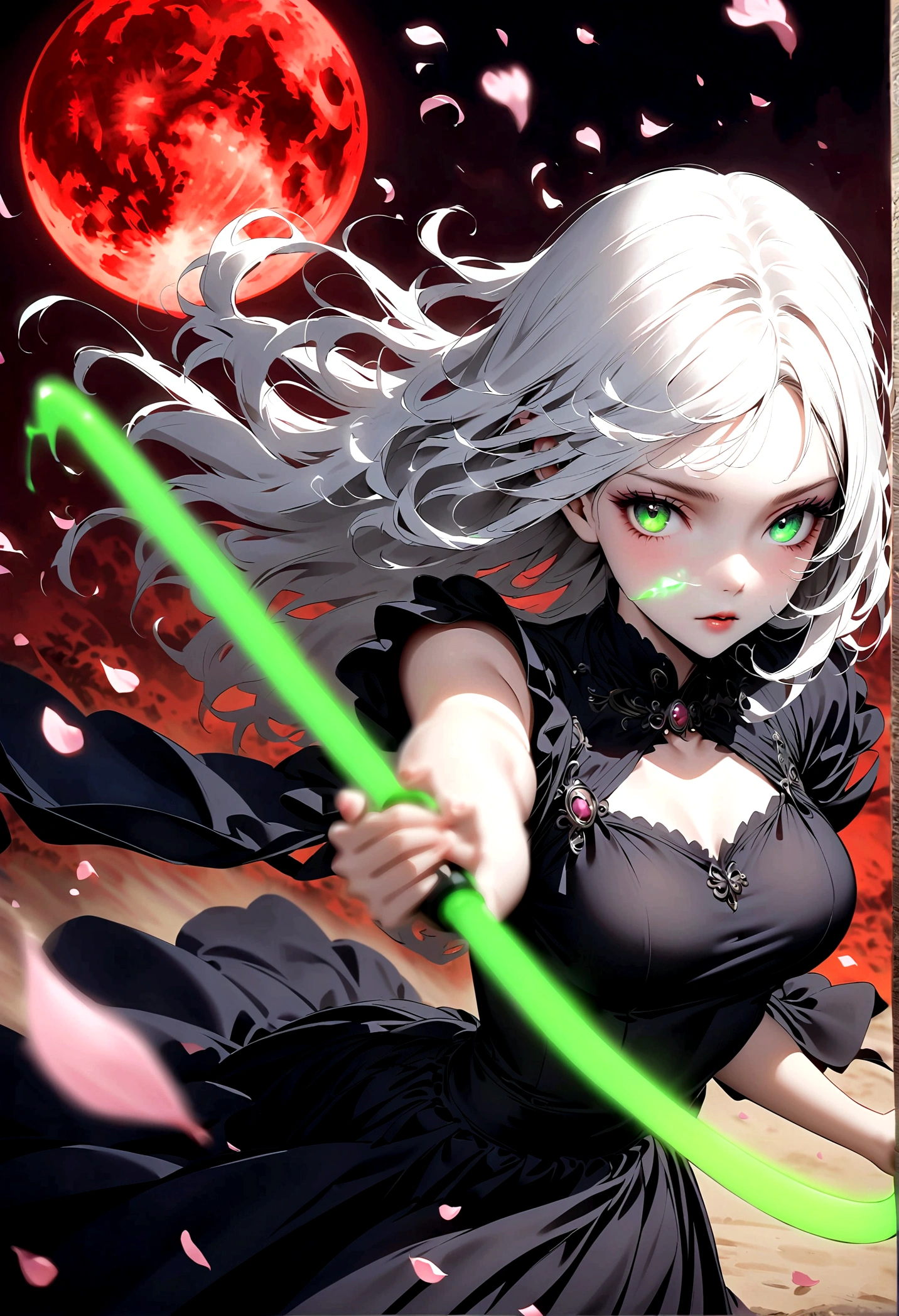 1 Girl, Beautiful and delicate eyes, Heterochromia,Beautiful and delicate lips, Extremely detailed eyes and face, Long eyelashes, Elegant Posture, White long hair, Black pleated skirt, (((Glowing Green Whip, Motion Blur, Petals in the air,))) Blurred foreground, Focus on the face, Japanese anime art style, Powerful energy, Dynamic Action, Red Moon, dark purple tones,