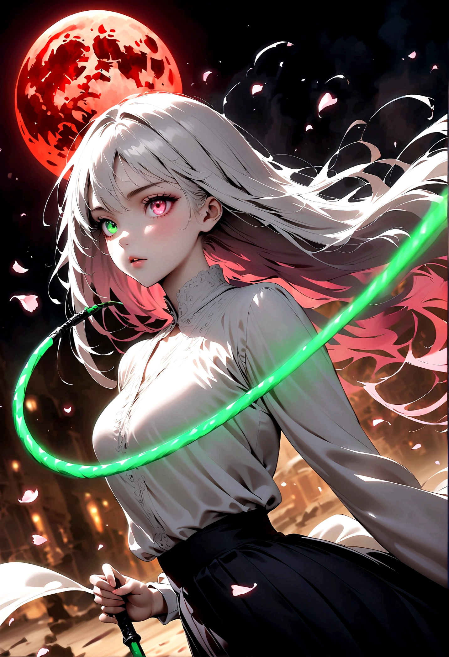 1 Girl, Beautiful and delicate eyes, Heterochromia,Beautiful and delicate lips, Extremely detailed eyes and face, Long eyelashes, Elegant Posture, White long hair, Black pleated skirt, (((Glowing Green Whip, Motion Blur, Petals in the air,))) Blurred foreground, Focus on the face, Japanese anime art style, Powerful energy, Dynamic Action, Red Moon, dark purple tones,