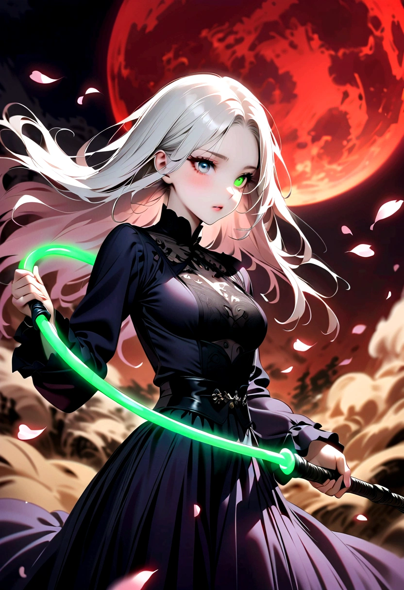 1 Girl, Beautiful and delicate eyes, Heterochromia，Beautiful and delicate lips, Extremely detailed eyes and face, Long eyelashes, Elegant Posture, White long hair, Black pleated skirt, (((Glowing Green Whip, Motion Blur, Petals in the air,))) Blurred foreground, Focus on the face, Japanese anime art style, Powerful energy, Dynamic Action, Red Moon, dark purple tones,