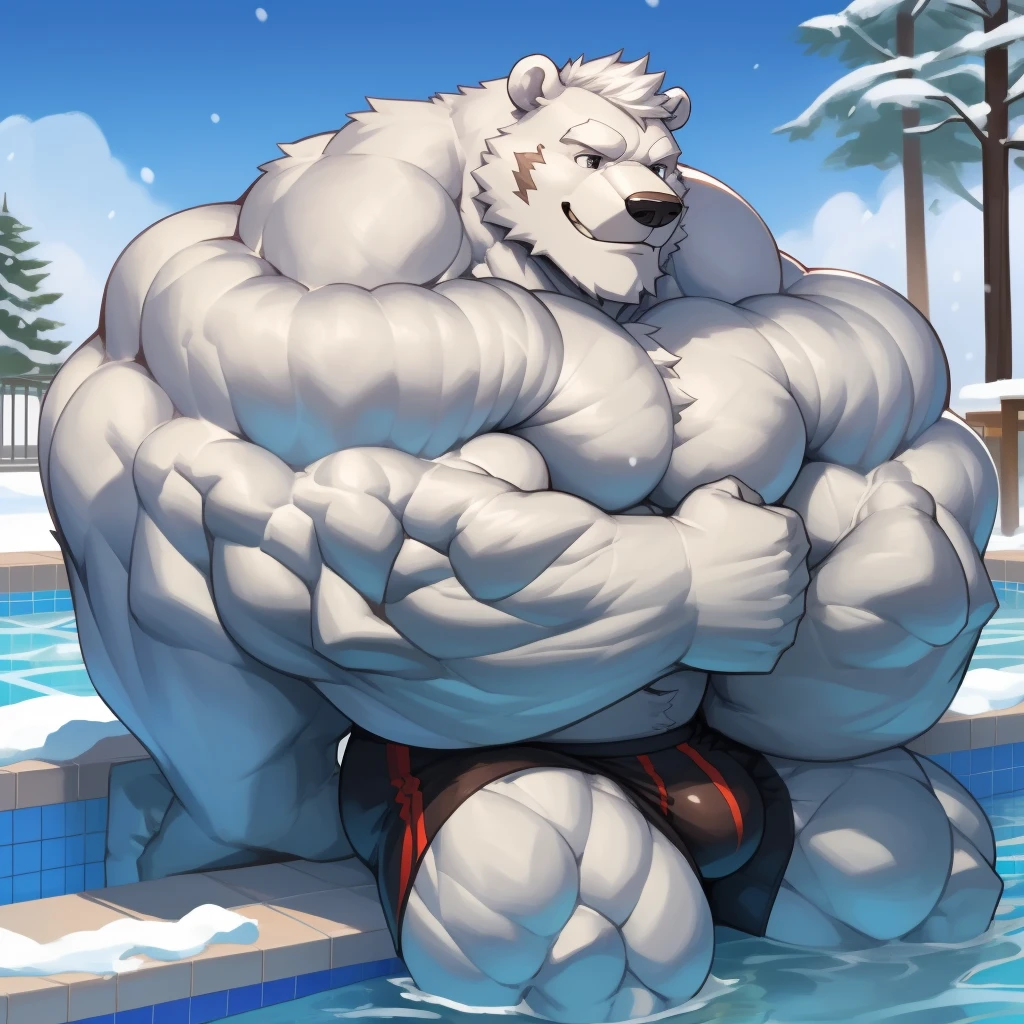 solo, 1boy, perfect anatomy, (furry white bears, polar bear) perfect proportion, snow, grin, big eyes, wide chest, bulky, bulk, bulge, happy. Huge Muscular Old man with short hair sitting in swimming pool ,(white shorts), view from side, pectoral, thick arms, huge pectoral, wide pectoral, white hair, white beards, simple background, masterpiece, semirealistic:1.2, high detailed, 8k, high resolution, perfect center, full view. ((really big muscle, massive muscular, sixpack, thick arms, wide pectoral, super huge muscle, hyper muscular, over sized muscle, huge arms, big arms, huge pectoral))