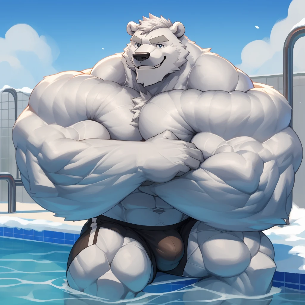 solo, 1boy, perfect anatomy, (furry white bears, polar bear) perfect proportion, snow, grin, big eyes, wide chest, bulky, bulk, bulge, happy. Huge Muscular Old man with short hair sitting in swimming pool ,(white shorts), view from side, pectoral, thick arms, huge pectoral, wide pectoral, white hair, white beards, simple background, masterpiece, semirealistic:1.2, high detailed, 8k, high resolution, perfect center, full view. ((really big muscle, massive muscular, sixpack, thick arms, wide pectoral, super huge muscle, hyper muscular, over sized muscle, huge arms, big arms, huge pectoral))