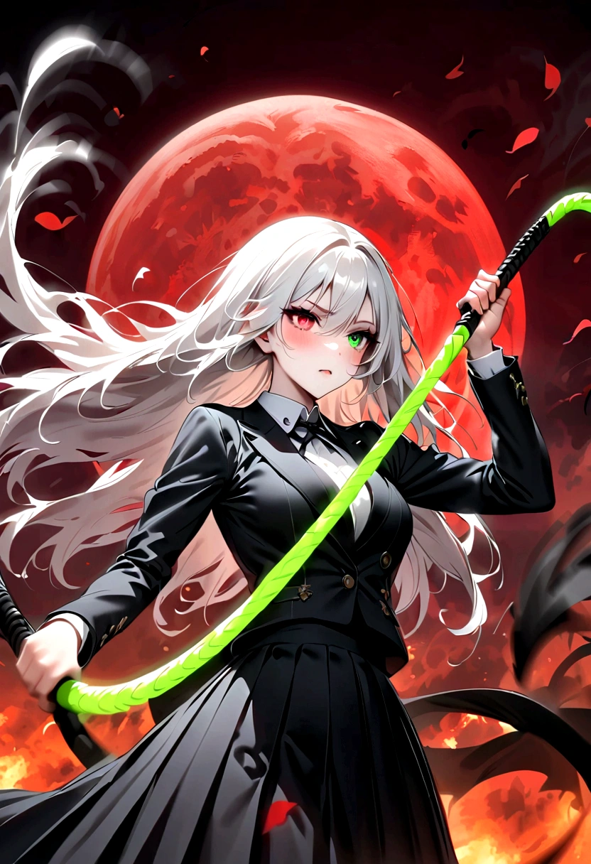 Japanese Anime,1 girl swinging a whip,White long haire butterflys,Anime style,body movements,Sense of Power,Force Value,(((Heterochromia:1.37))),(((Black pleated skirt,))),Elegant Posture、Red Moon、dark purple tones,Elegant and atmospheric。,(((Fluorescent green whip:1.37。Motion blurred,Motion Blur))),Petals in the sky,Blurred foreground,Face Focus