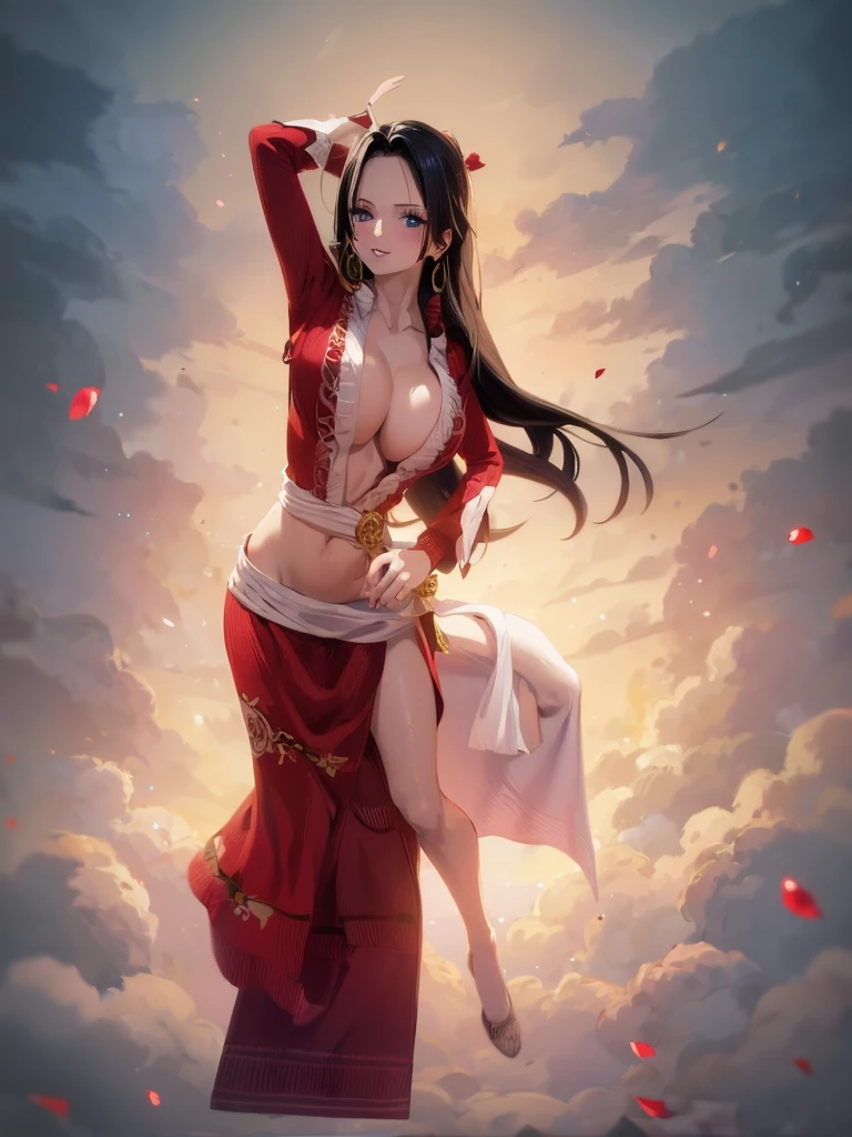 best quality, masterpiece, highly detailed,1girl, ((rose)), (vine), cage, bandage, red rope, (detail light), falling rose petals, Boa Hancock,, (masterpiece:1.5), Detailed Photo, Smiling,(8K, Photorealistic, Best Quality: 1.4), (1girl), Beautiful Face, (anime realistic Face), (Black Hair, long Hair: 1.3), Beautiful Hairstyle, Realistic eyes, beautiful detail eyes, (realistic skin), beautiful skin, (sweater), absurd, attractive, ultra high resolution, ultra realistic, high definition, golden ratio,