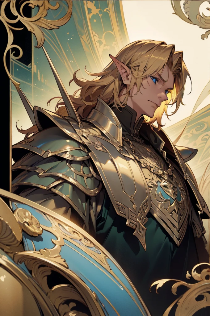 masterpiece, best quality, ultra high resolution, 1man, elven armor, male, fantasy illustration, elf, pointy ears, (old man), art by Kinema Citrus, (dark blonde hair), blue eyes, wrinkles, brownish blonde hair, perfect eyes