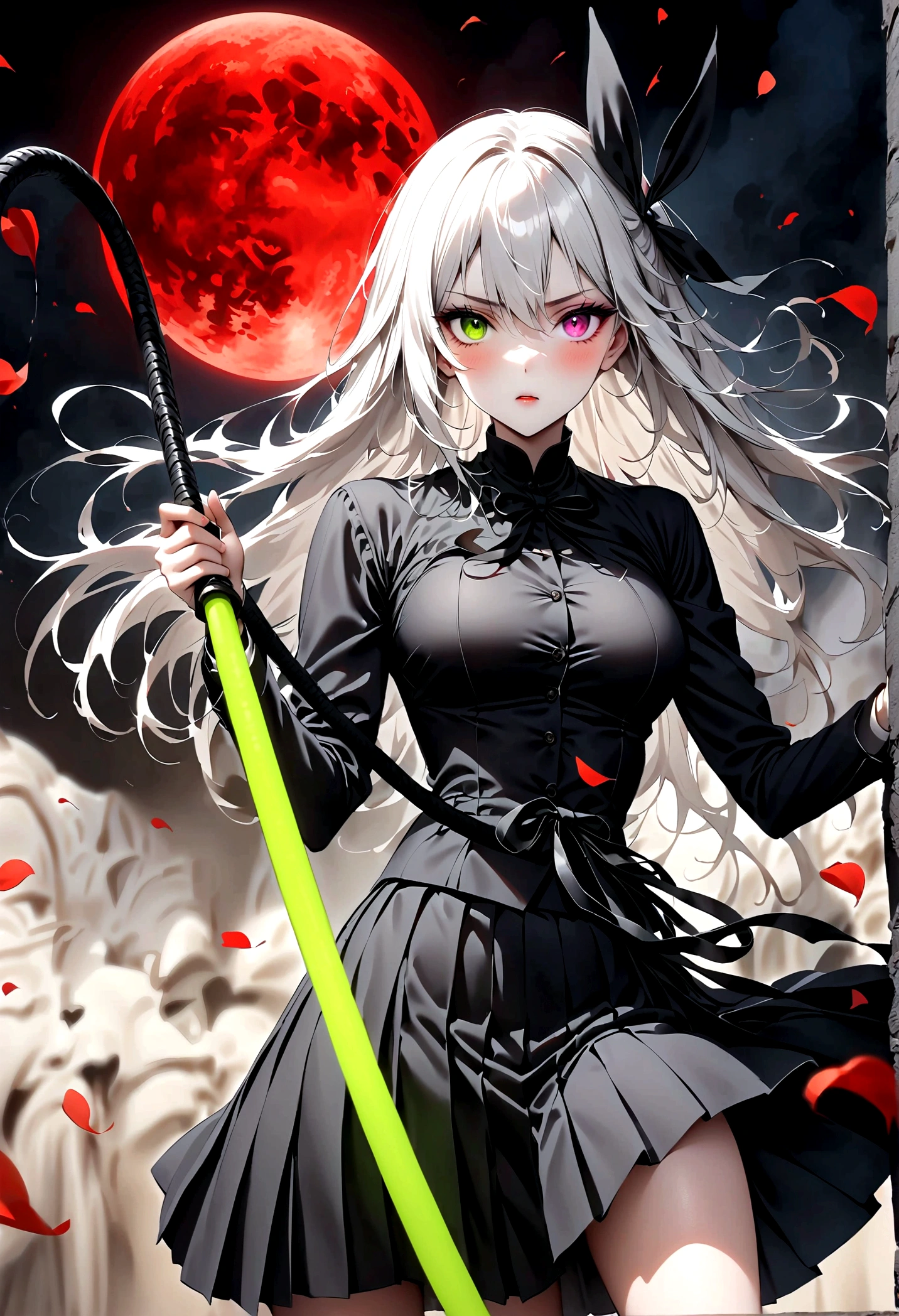 Japanese Anime，1 girl swinging a whip，White long haire  butterflys，Anime style，body movements，Sense of Power，Force Value，(((Heterochromia：1.37)))，(((Black pleated skirt，)))，Elegant Posture、Red Moon、dark purple tones，Elegant and atmospheric。，(((Fluorescent green whip：1.37。Motion blurred，Motion Blur)))，Petals in the sky，Blurred foreground，Face Focus