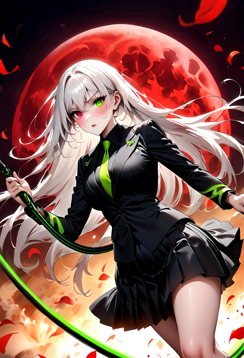 Japanese Anime,1 girl swinging a whip,White long haire butterflys,Anime style,body movements,Sense of Power,Force Value,(((Heterochromia:1.37))),(((Black pleated skirt,))),Elegant Posture、Red Moon、dark purple tones,Elegant and atmospheric。,(((Fluorescent green whip:1.37。Motion blurred,Motion Blur))),Petals in the sky,Blurred foreground,Face Focus