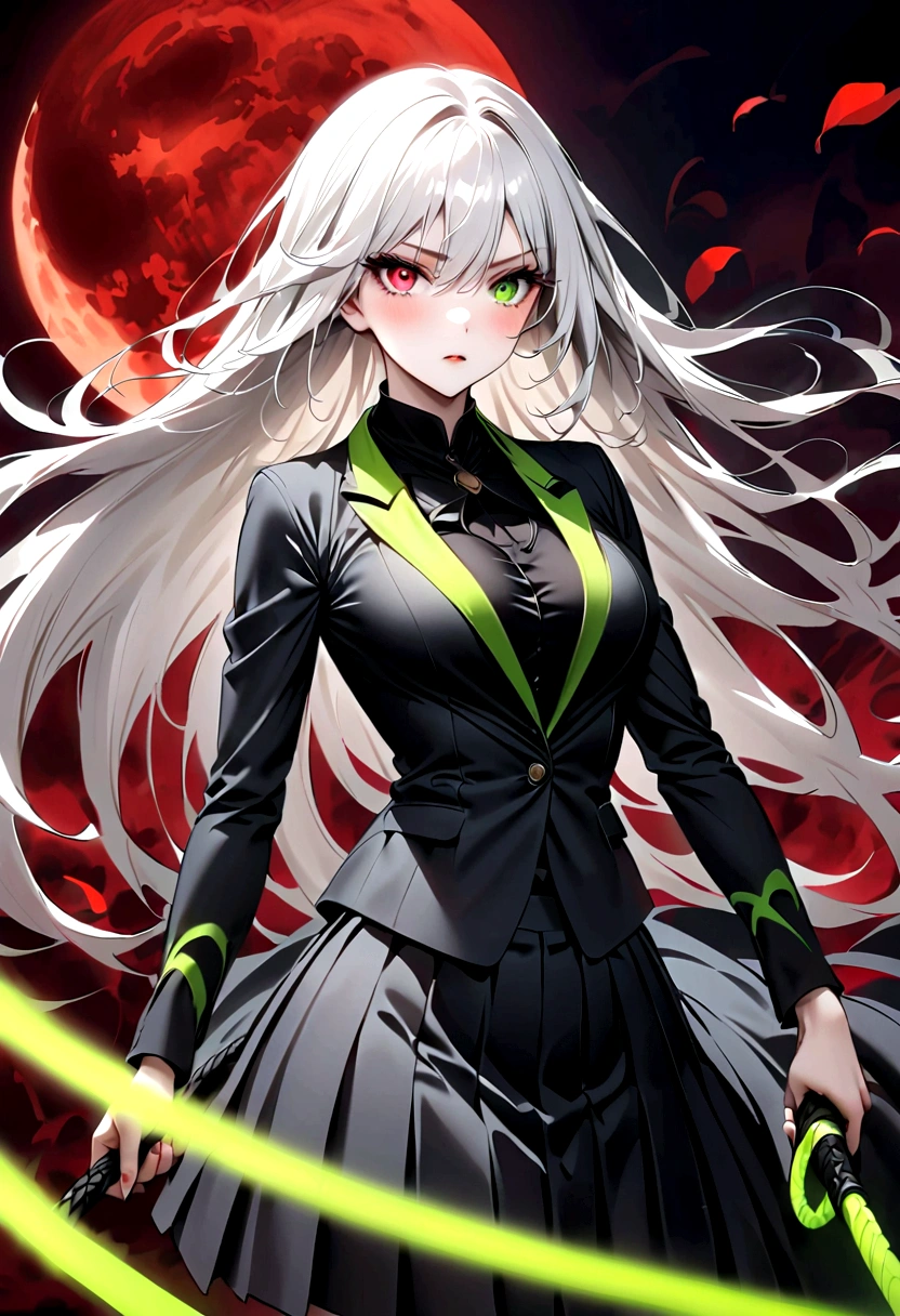 Japanese Anime,1 girl swinging a whip,White long haire butterflys,Anime style,body movements,Sense of Power,Force Value,(((Heterochromia:1.37))),(((Black pleated skirt,))),Elegant Posture、Red Moon、dark purple tones,Elegant and atmospheric。,(((Fluorescent green whip:1.37。Motion blurred,Motion Blur))),Petals in the sky,Blurred foreground,Face Focus