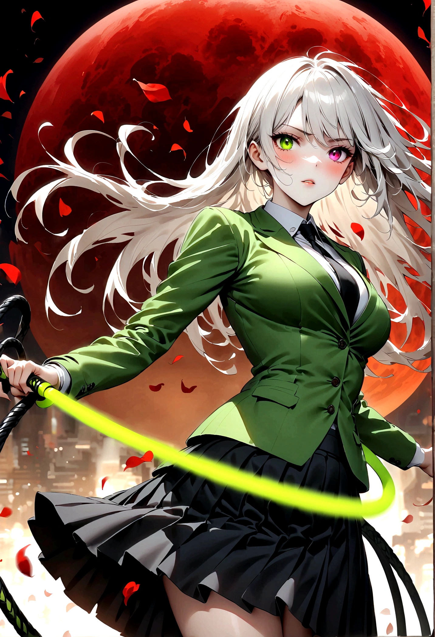Japanese Anime，1 girl swinging a whip，White long haire  butterflys，Anime style，body movements，Sense of Power，Force Value，(((Heterochromia：1.37)))，(((Black pleated skirt，)))，Elegant Posture、Red Moon、dark purple tones，Elegant and atmospheric。，(((Fluorescent green whip：1.37。Motion blurred，Motion Blur)))，Petals in the sky，Blurred foreground，Face Focus