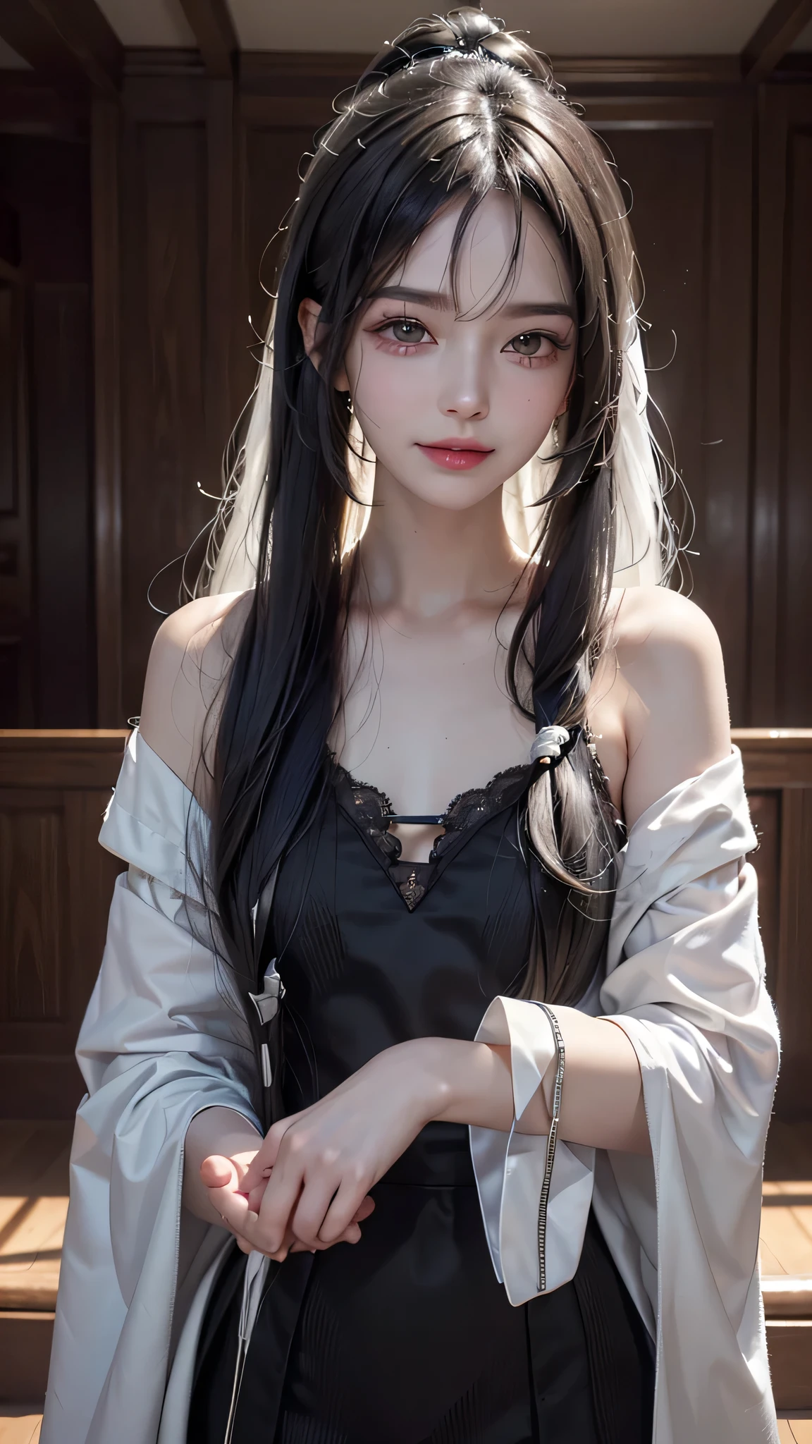 (8k, born, realistic: 1.25), ((striped white hairs)))))), (Thin lip gloss, thin eyebrows, eyelash, tear bag, sharp bangs, shiny face, shiny skin, highest quality, ultra high resolution, Depth of the bounds written, chromatic aberration, caustics, wide lighting, natural shading, K-POPアイドル) Glasses, Calm, Collect a strand of hair with your hand, long hair, smile, Small devil, inside the house