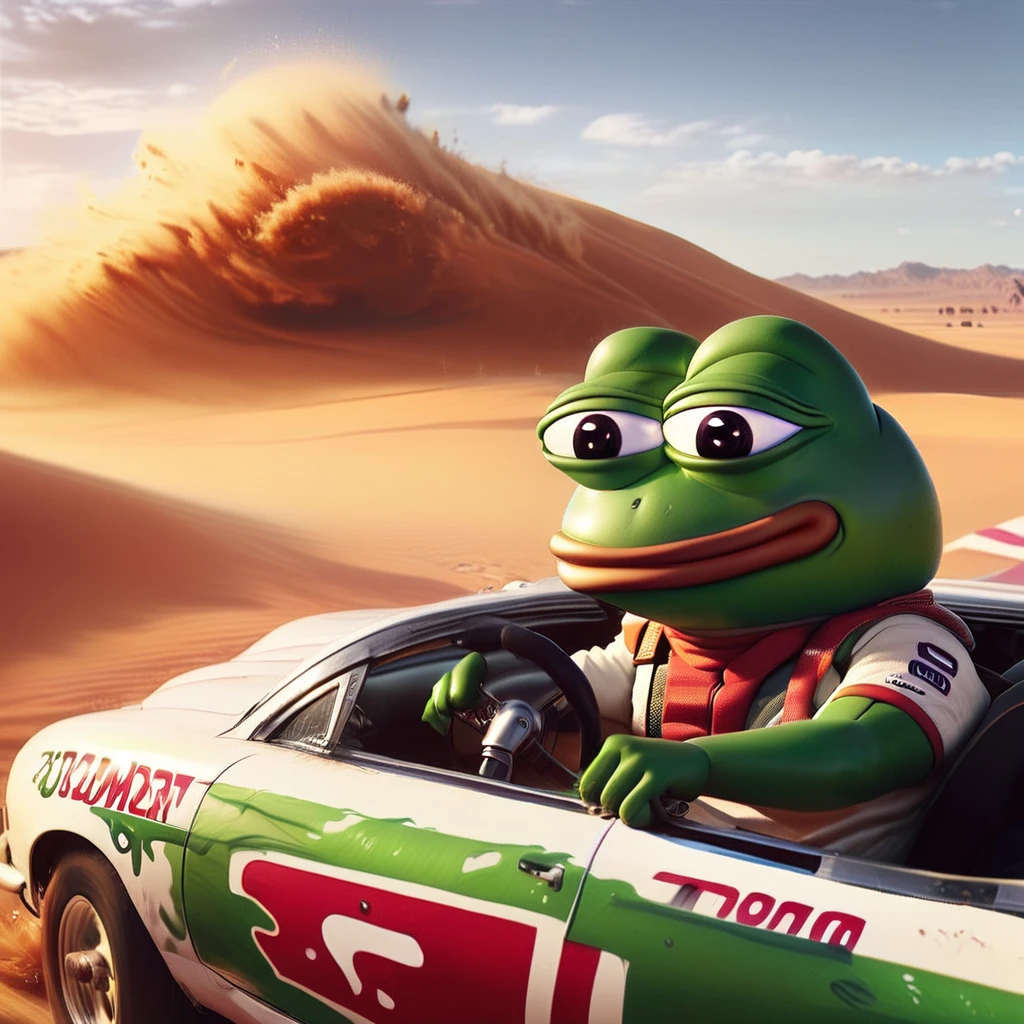 far distance camera angle, pepe the frog inside the car, race car, desert, big wave dust, highly detailed, 8k, realistic, volumetric lighting, cinematic composition, dynamic motion blur, dramatic shadows, vibrant colors, hyperrealistic