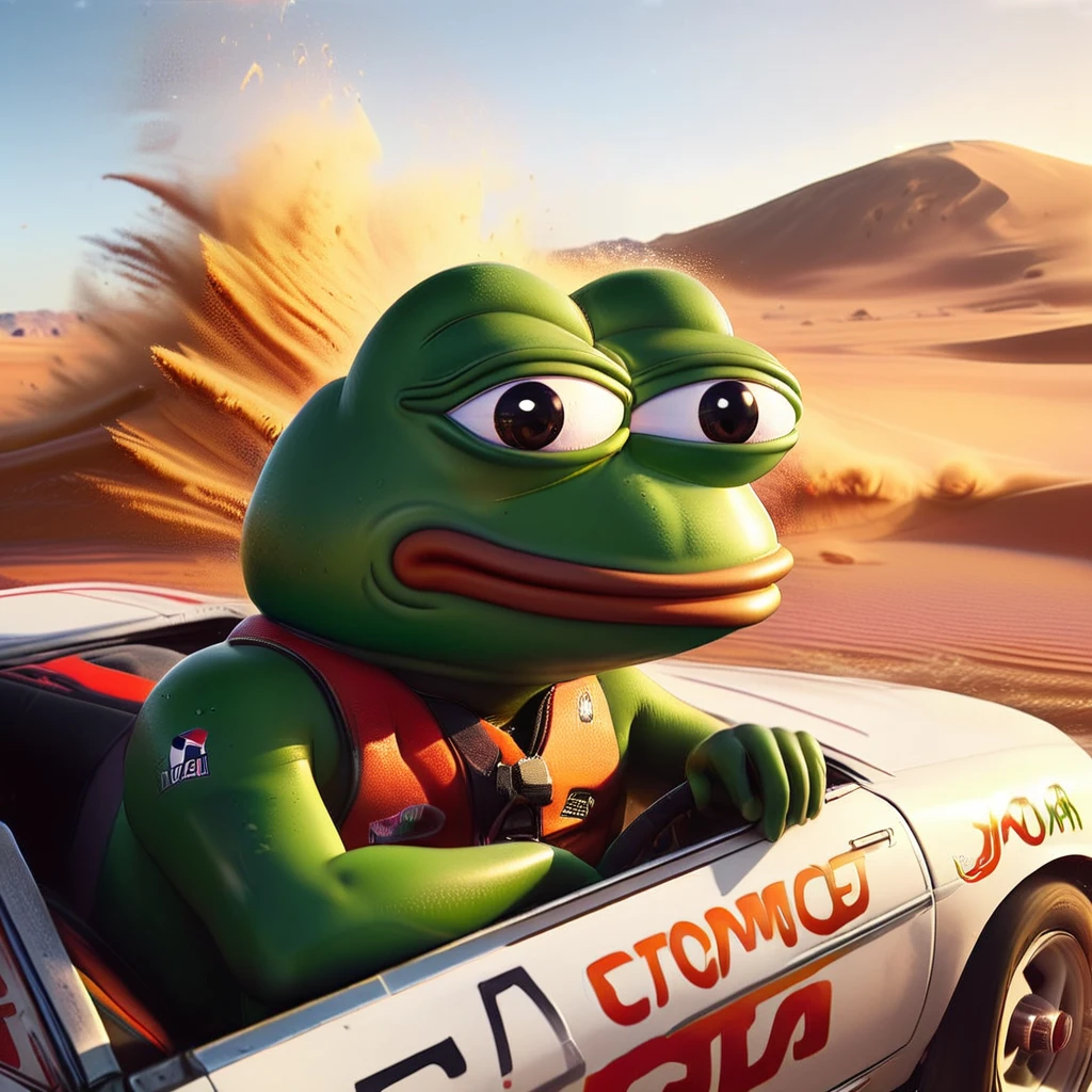 far distance camera angle, pepe the frog inside the car, race car, desert, big wave dust, highly detailed, 8k, realistic, volumetric lighting, cinematic composition, dynamic motion blur, dramatic shadows, vibrant colors, hyperrealistic