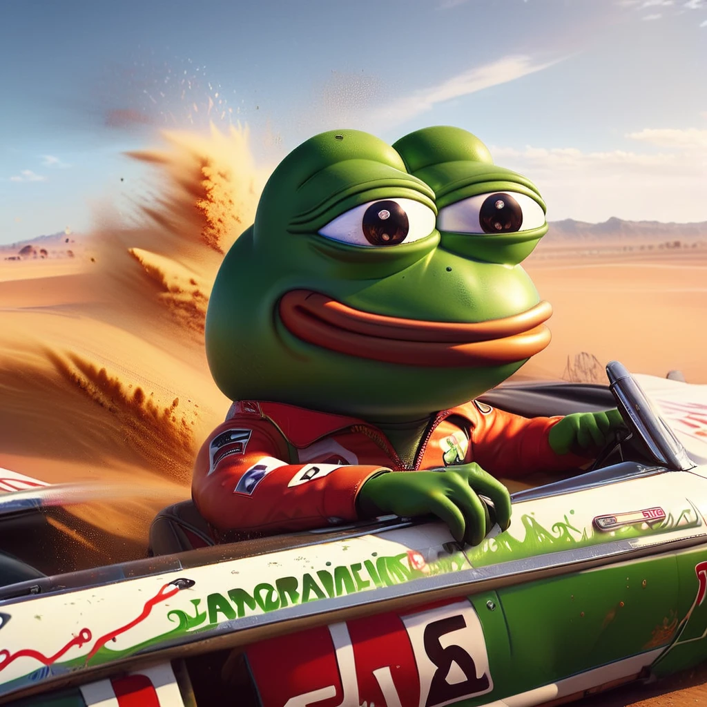 far distance camera angle, pepe the frog inside the car, race car, desert, big wave dust, highly detailed, 8k, realistic, volumetric lighting, cinematic composition, dynamic motion blur, dramatic shadows, vibrant colors, hyperrealistic