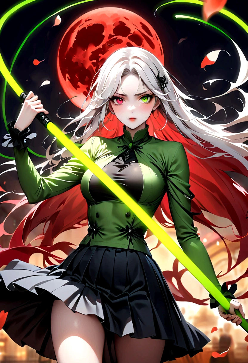 Japanese Anime，1 girl swinging a whip，White long haire  butterflys，Anime style，body movements，Sense of Power，Force Value，(((Heterochromia：1.37)))，(((Black pleated skirt，)))，Elegant Posture、Red Moon、dark purple tones，Elegant and atmospheric。，(((Fluorescent green whip：1.37。Motion blurred，Motion Blur)))，Petals in the sky，Blurred foreground，Face Focus