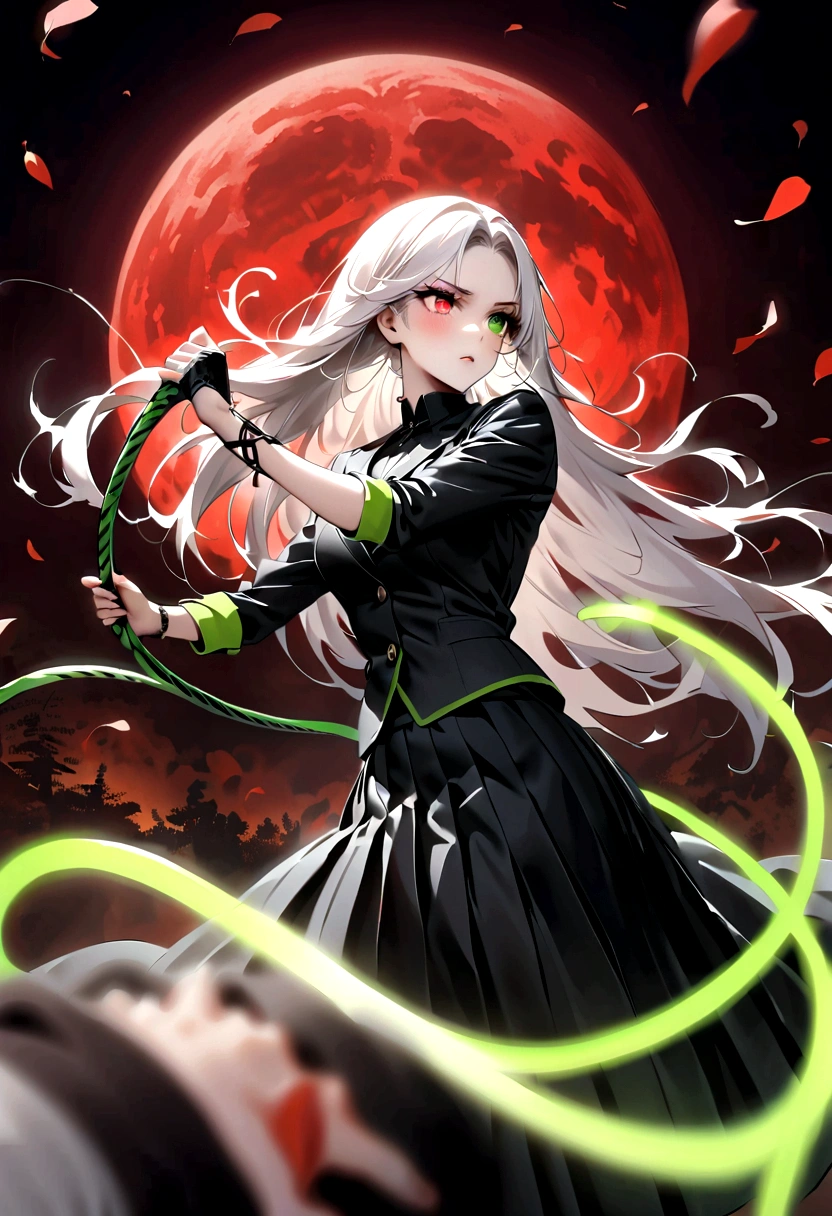 Japanese Anime,1 girl swinging a whip,White long haire butterflys,Anime style,body movements,Sense of Power,Force Value,(((Heterochromia:1.37))),(((Black pleated skirt,))),Elegant Posture、Red Moon、dark purple tones,Elegant and atmospheric。,(((Fluorescent green whip:1.37。Motion blurred,Motion Blur))),Petals in the sky,Blurred foreground,Face Focus